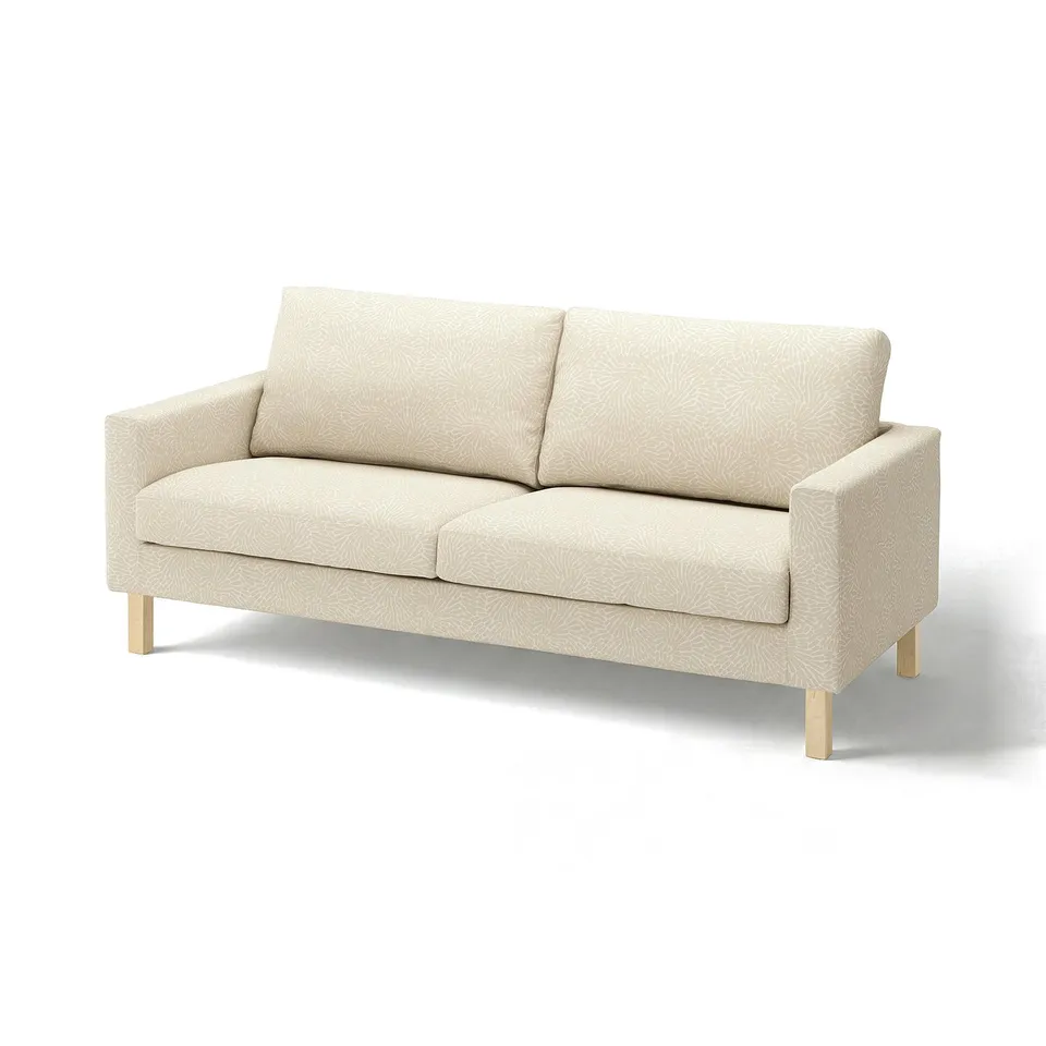 Light beige patterned sofa, wooden legs, simple design.