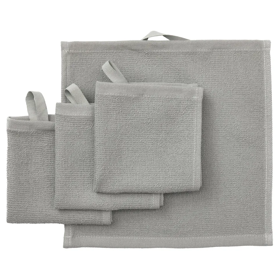 LUDDVIAL grey cotton towel set, rectangular with hanging tabs, lightweight, quick drying.