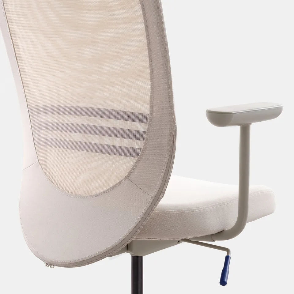 High-back mesh office chair with adjustable armrests, designed for comfort and support.