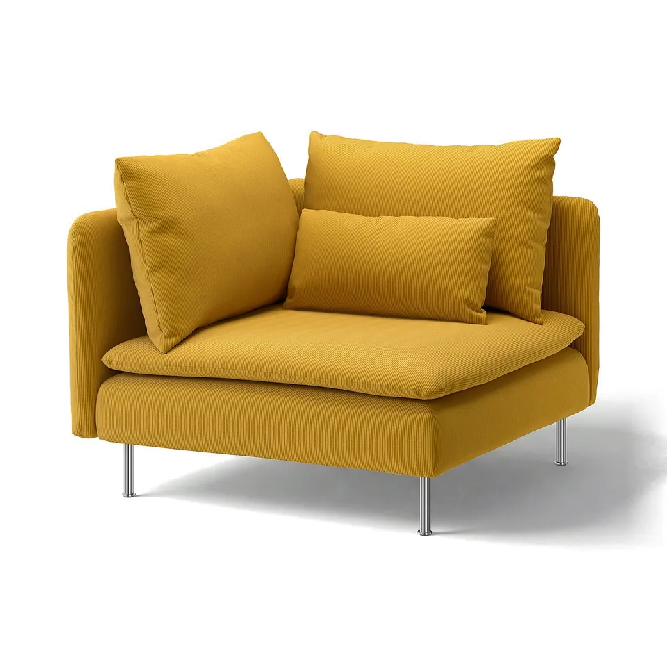 Bright yellow SÖDERHAMN chair, modern style with two pillows, supported by metal legs.