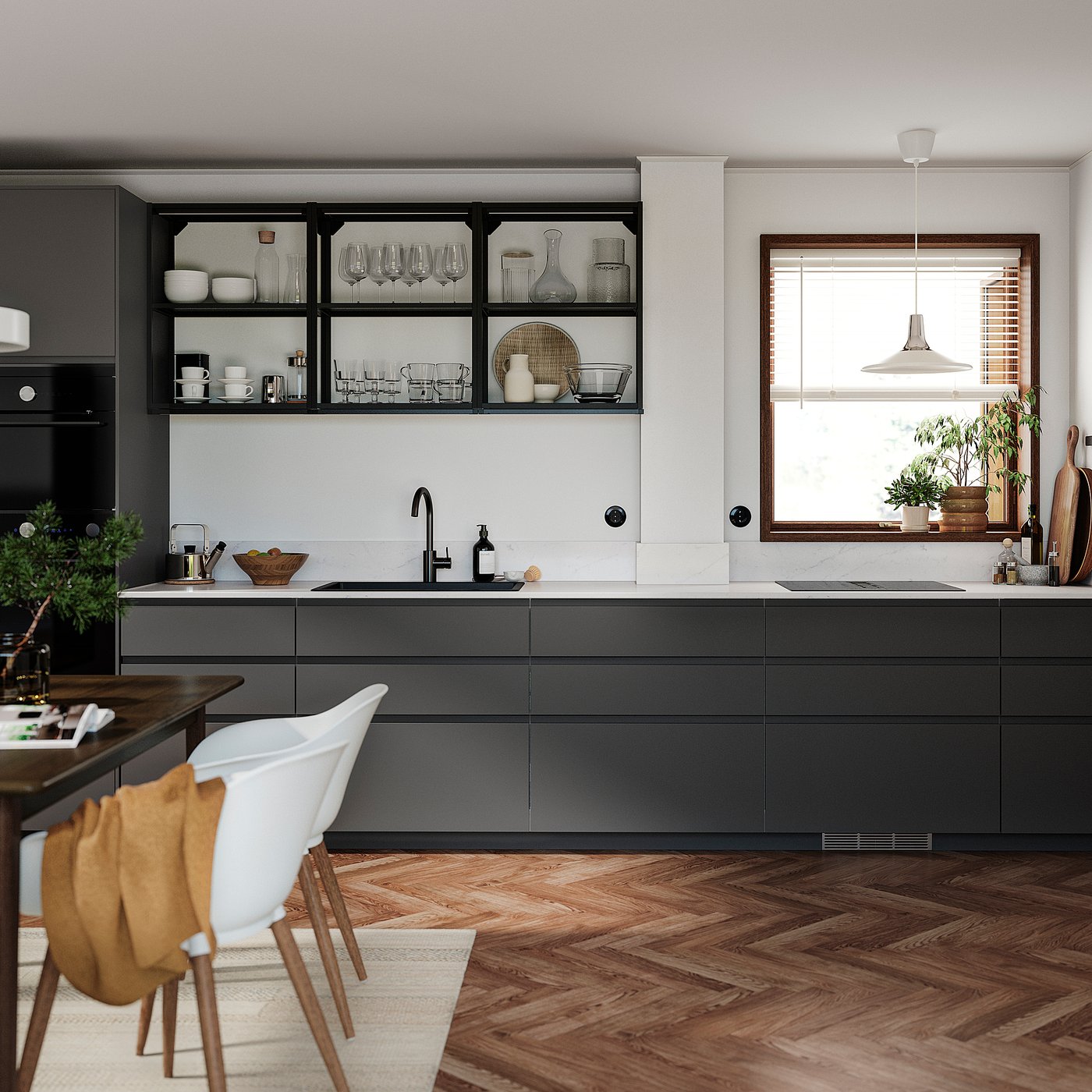 Modern kitchen with dark grey cabinets, white countertops, and white chairs.