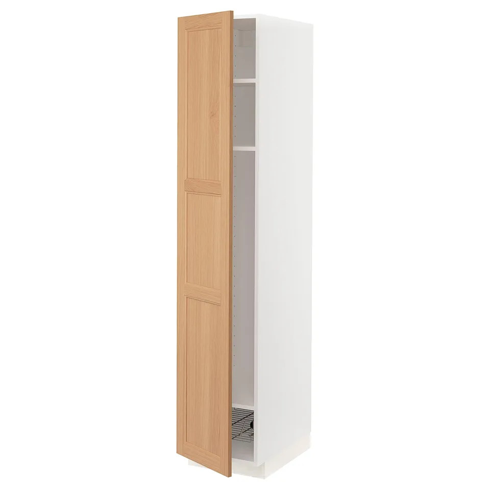 Ikea METOD kitchen cabinet in white with light oak door, tall and slim, one door open.