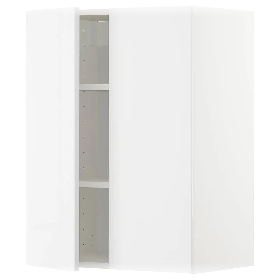 A white METOD kitchen cabinet with a high gloss finish and adjustable shelves, featuring modern design.