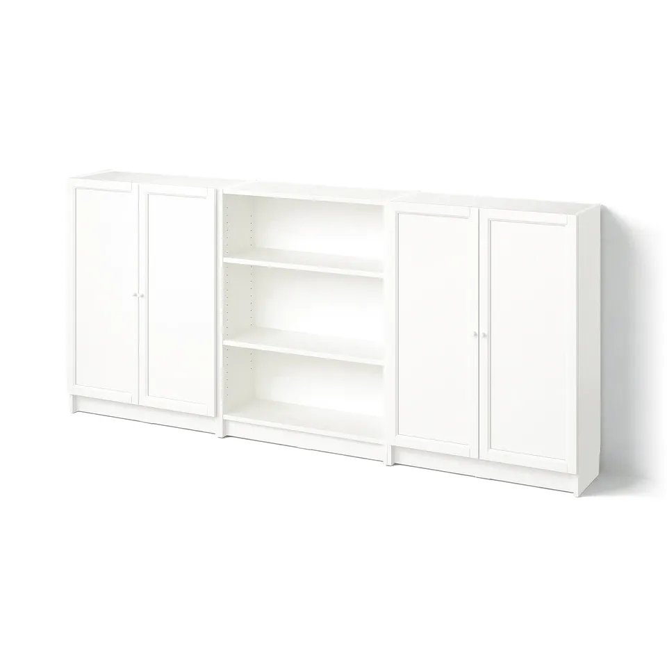 White BILLY bookcase with adjustable shelves and doors.