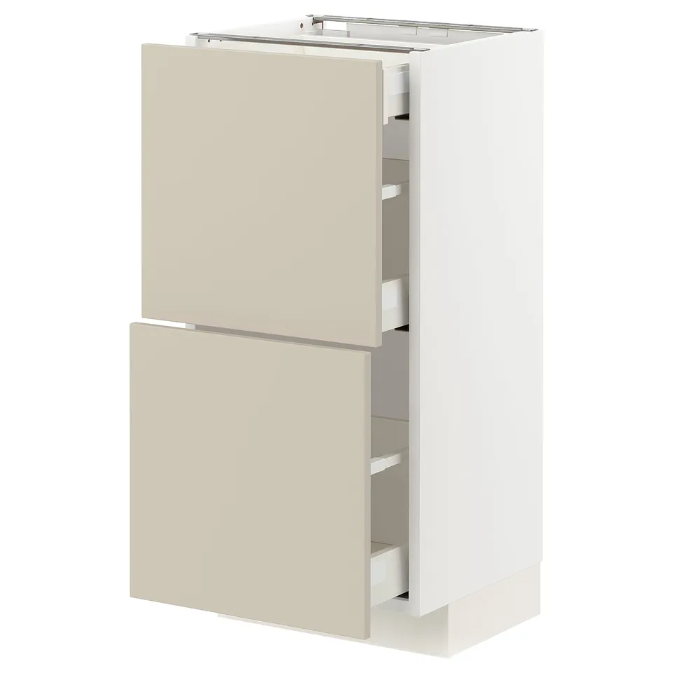 METOD kitchen cabinet, beige, modern, minimalist style, with multiple drawers, white and beige colours.
