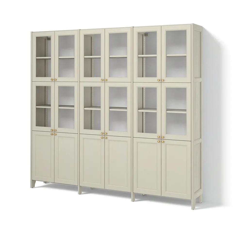 GULDDRAGARE Storage combination, beige with 6 doors/clear glass with doors, 238x37x216 cm