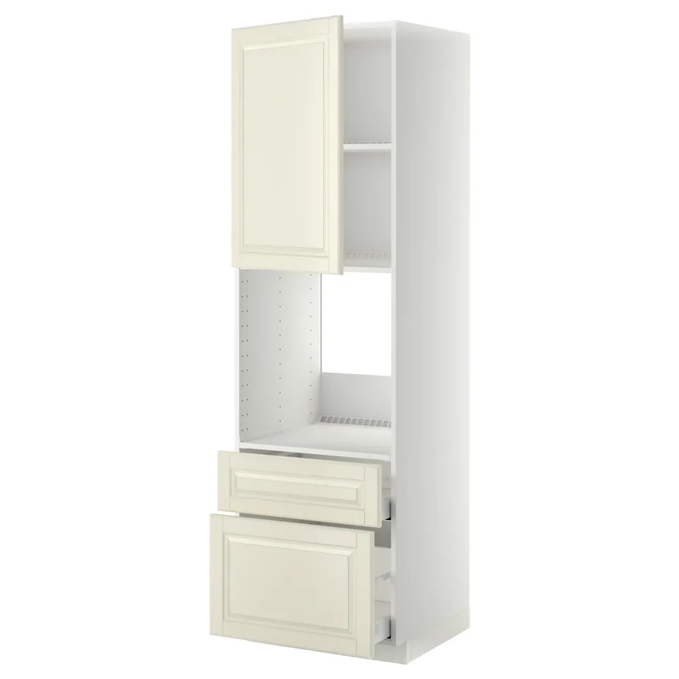 An off-white METOD kitchen cabinet with bevelled edges, featuring adjustable shelves and drawers.