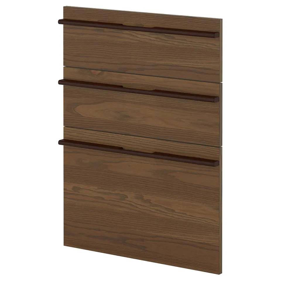 Dark brown wooden kitchen cabinet panel with three horizontal handles.