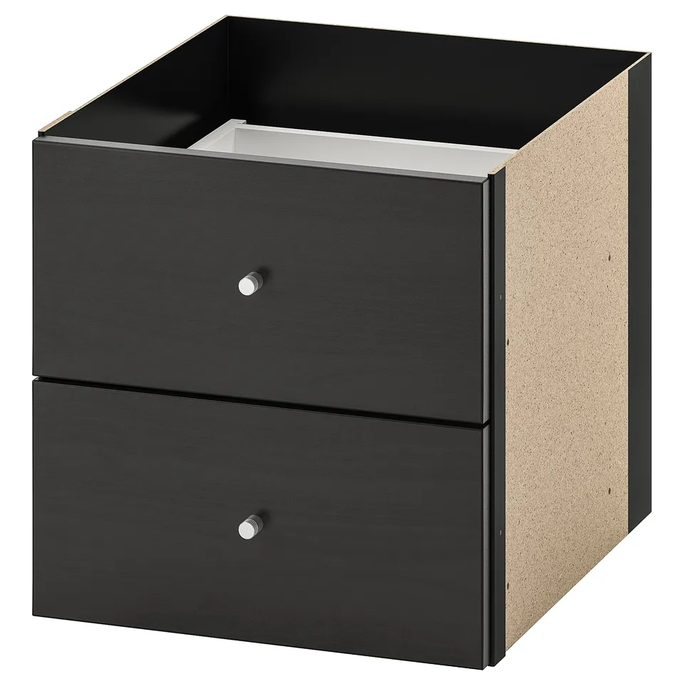 Black KALLAX storage unit with two drawers, white interior, square shape, wall mountable design.