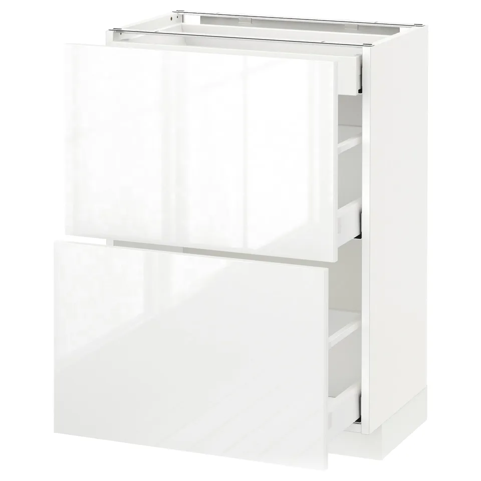 Modern white high-gloss kitchen cabinet with sleek design, featuring multiple drawers and clean lines.