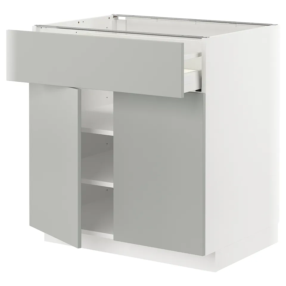 METOD white kitchen unit with grey drawer, modern design.