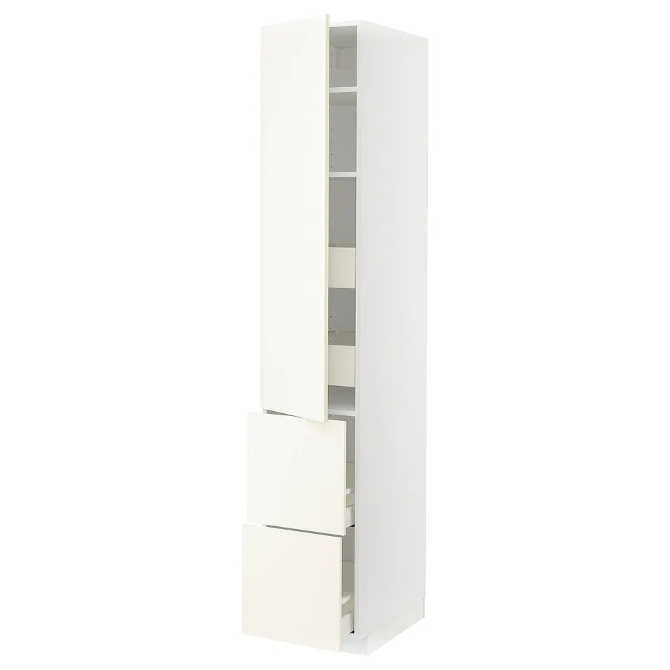 White METOD kitchen cabinet with vallstena design, featuring adjustable shelves and soft-close drawers.