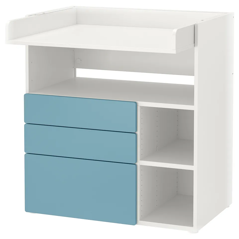 White & blue ikea SMÅSTAD baby changing table with 3 drawers & shelf.