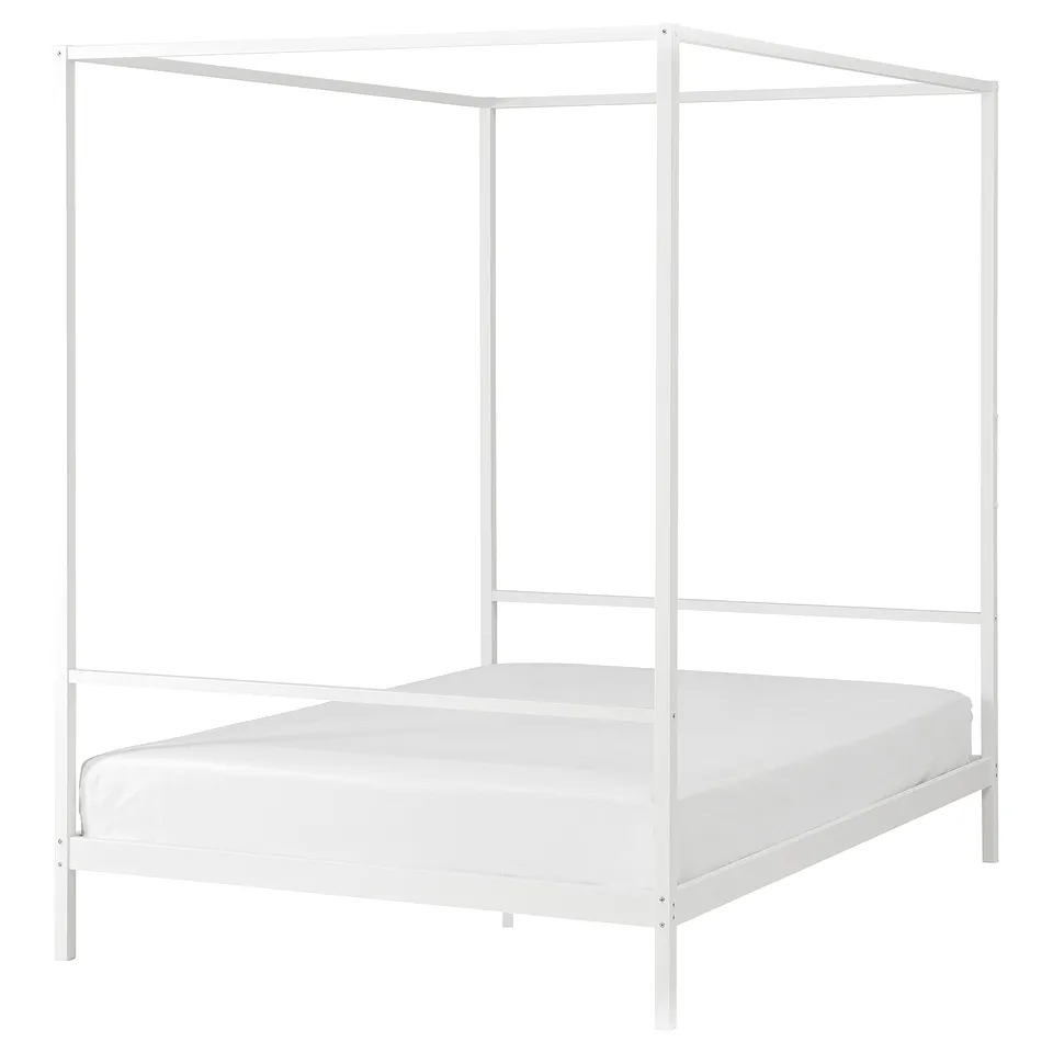 White VITARNA four-poster bed, minimalist design, metal frame.
