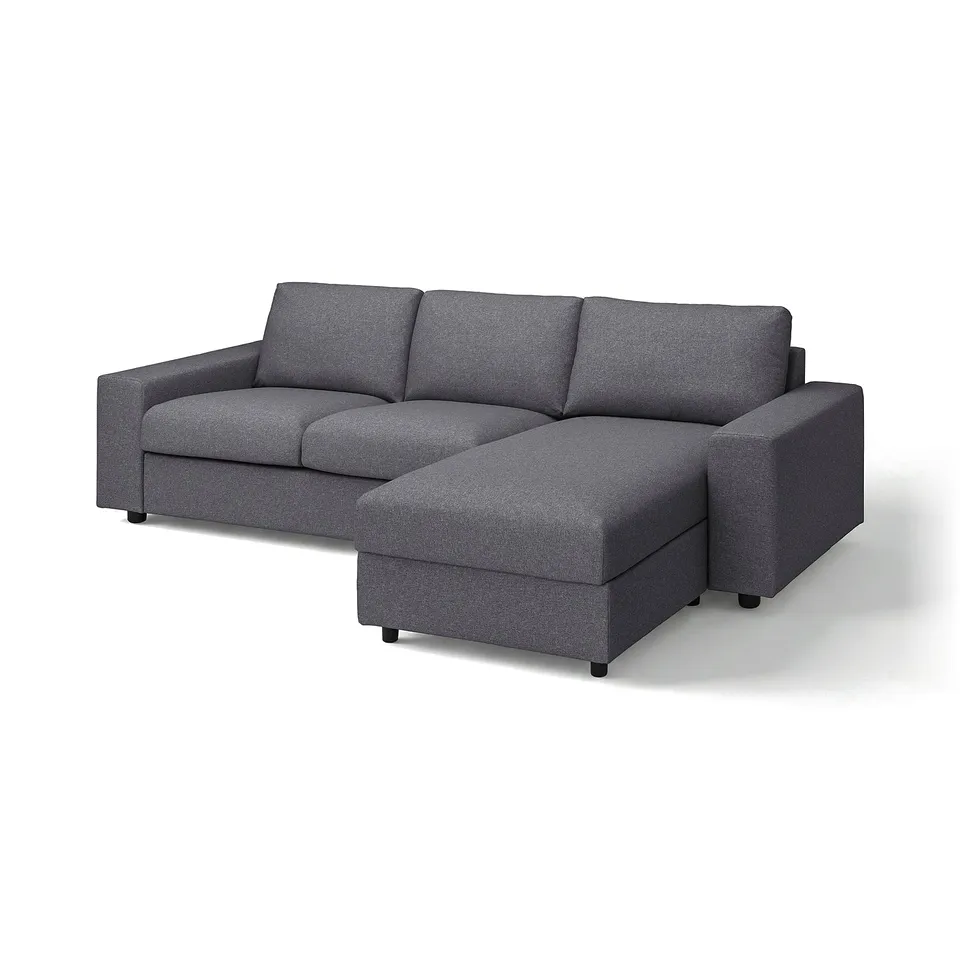 The VIMLE sectional sofa is grey, l-shaped, with plush cushions and clean lines.