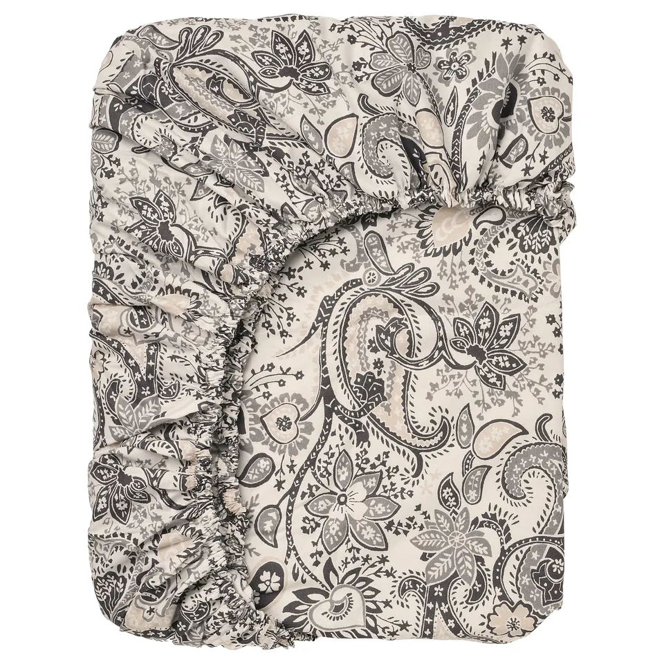 RODGERSIA fitted sheet, cream & grey, paisley design, cotton-viscose blend.