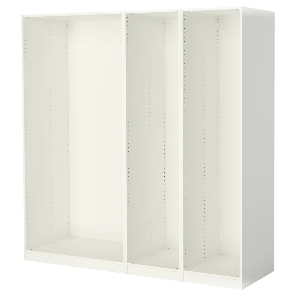 White PAX wardrobe; three sections, square, white panels.