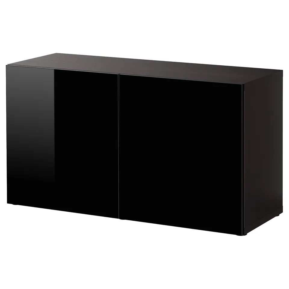 A black BESTÅ storage unit with a sleek design, made of particleboard and melamine foil, rectangular shape.