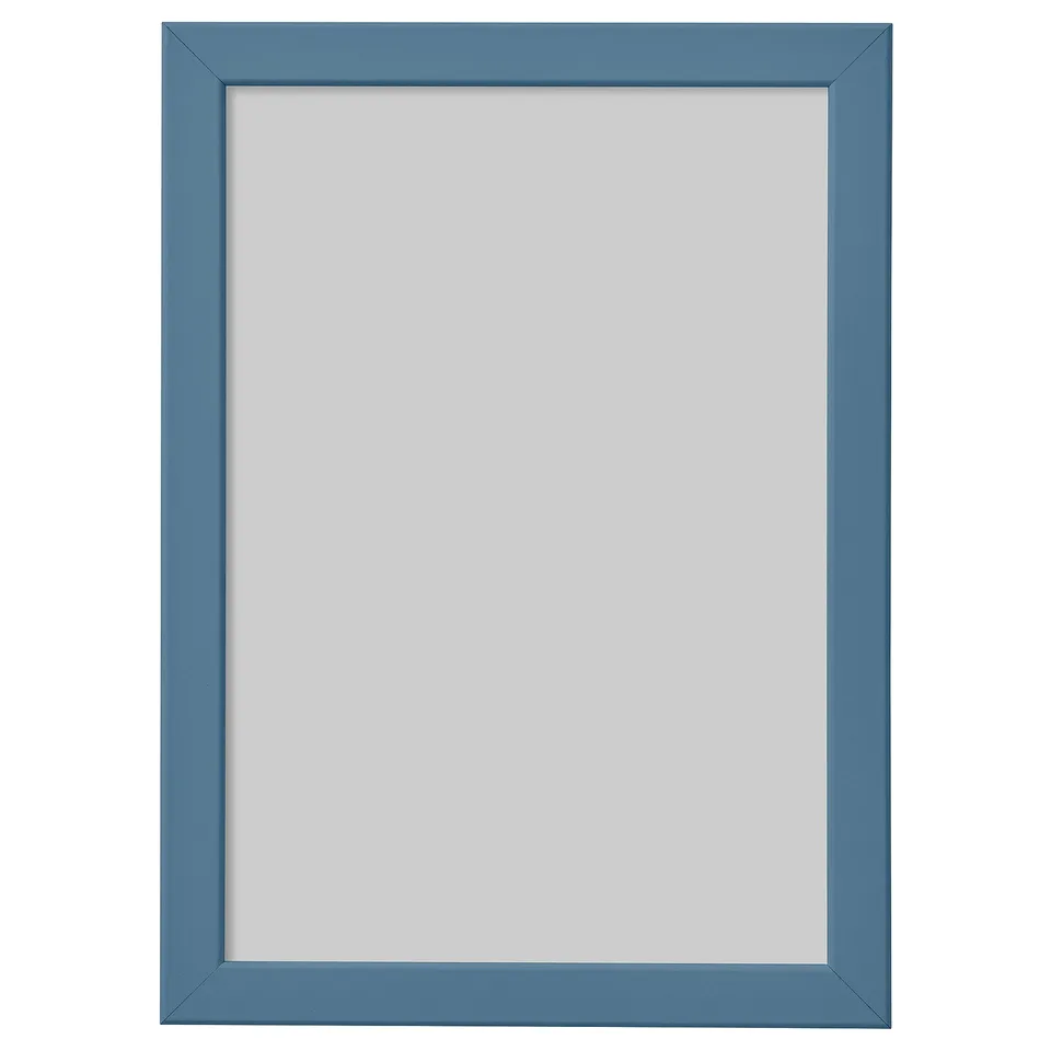 Ikea FISKBO blue square photo frame with plain design and plastic front.