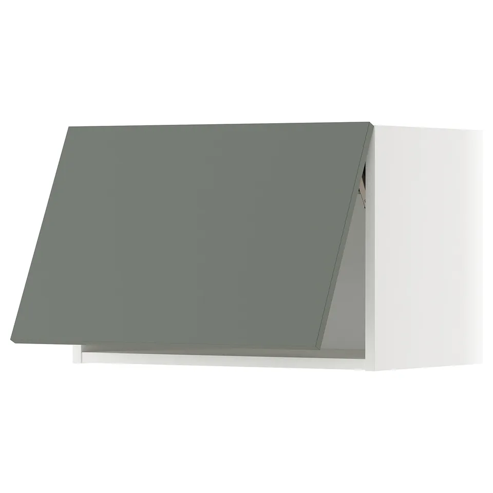 Modern grey-green kitchen cabinet, angled, with sleek design.