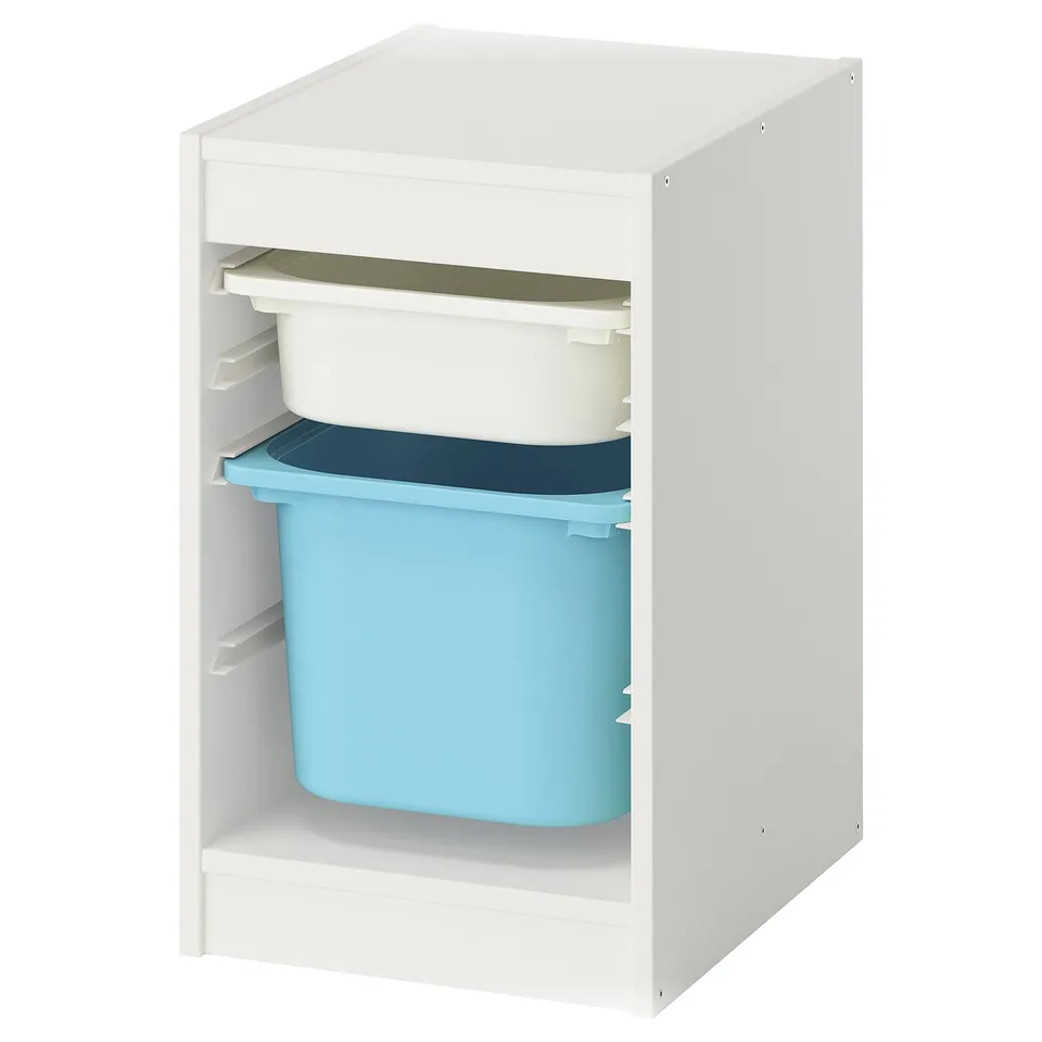 White TROFAST storage unit with blue and white bins. Modern, rectangular design for organising childrens items.