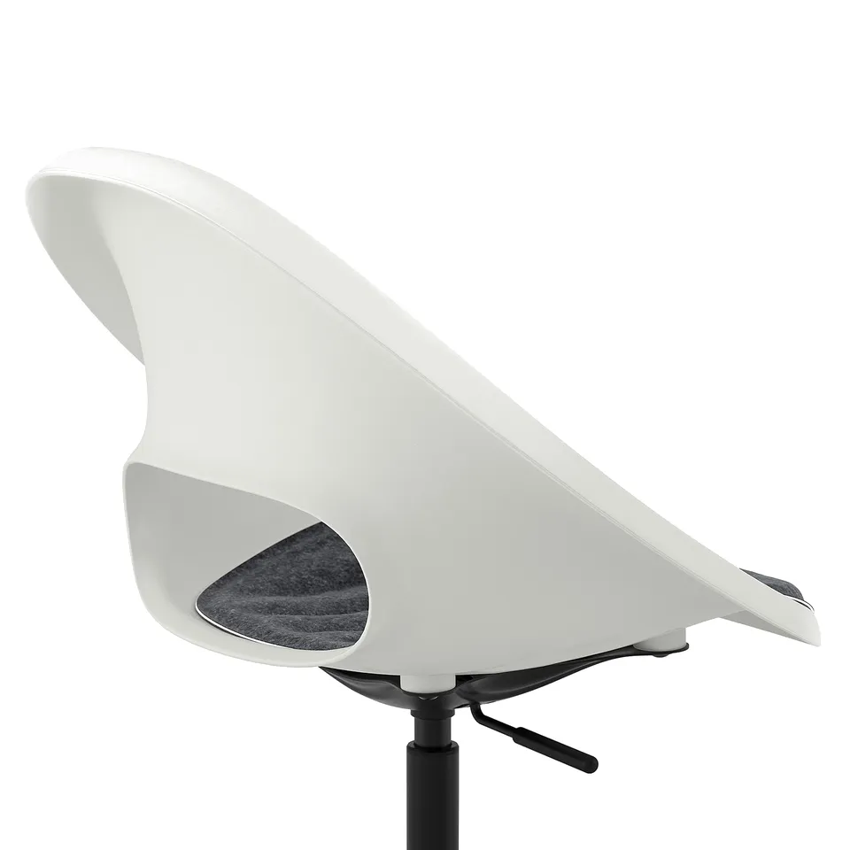 Modern white work chair, adjustable height, padded seat.