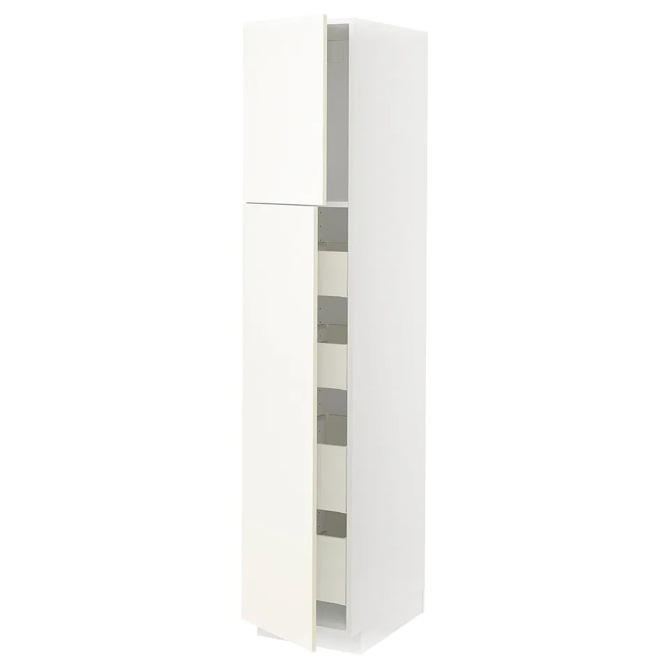 White METOD kitchen cabinet; tall, rectangular, sleek design; modern storage.