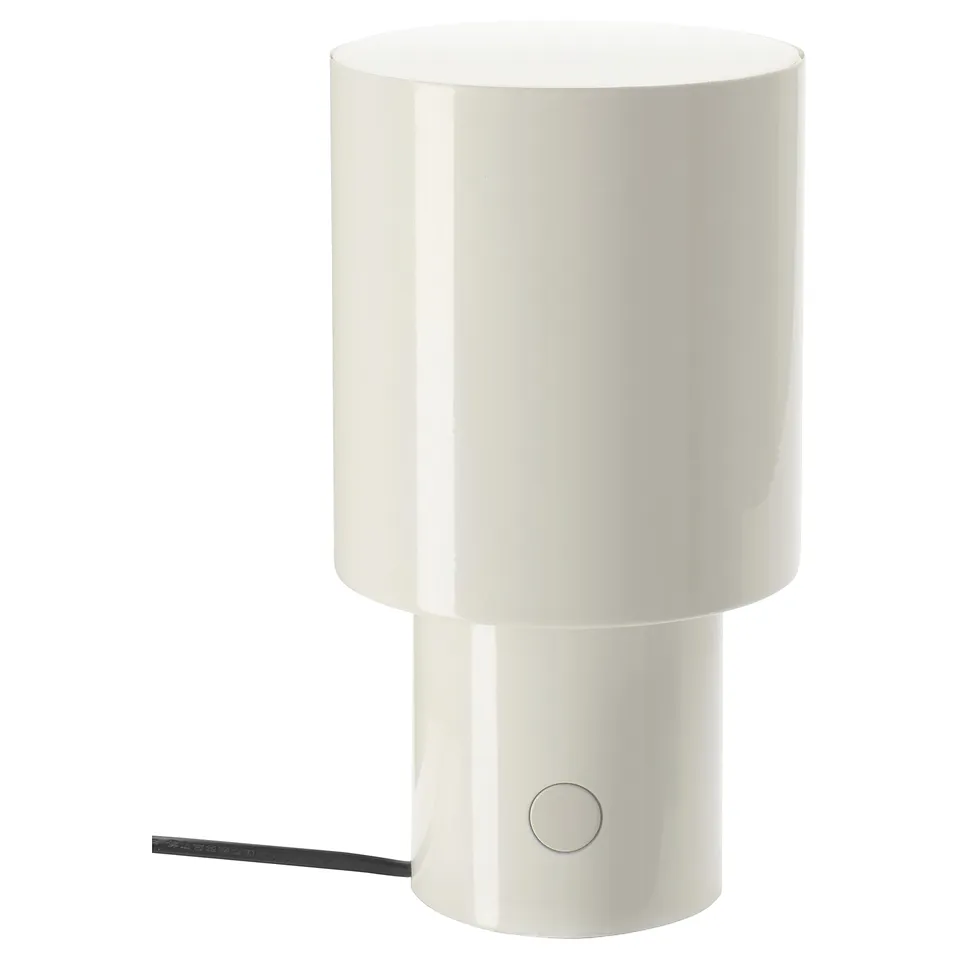 Small white SPETSBOJ lamp, glossy, dims with shade.