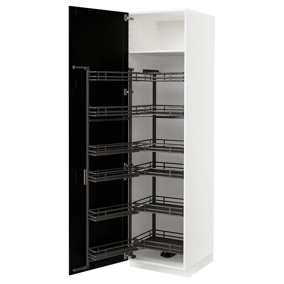 Open white cabinet with black pull-out shelves. Bright and sleek design.