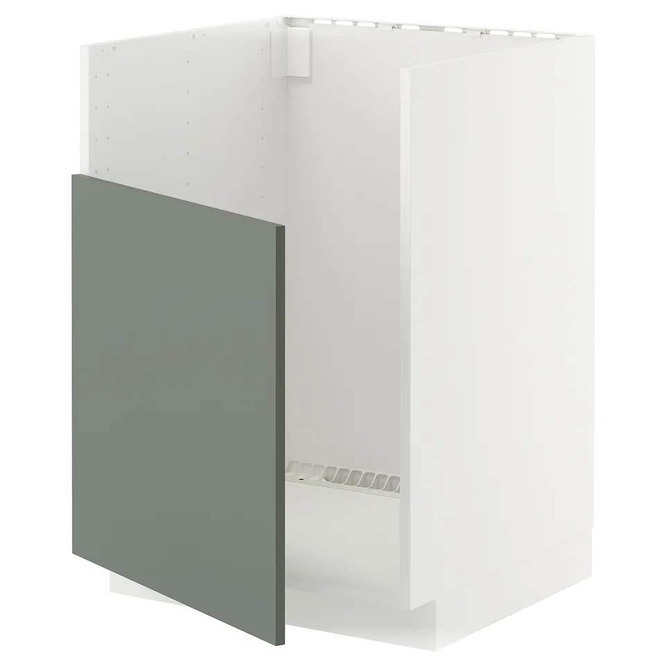 A white METOD kitchen cabinet with a grey-green door, featuring a sturdy frame and snap-on hinges.