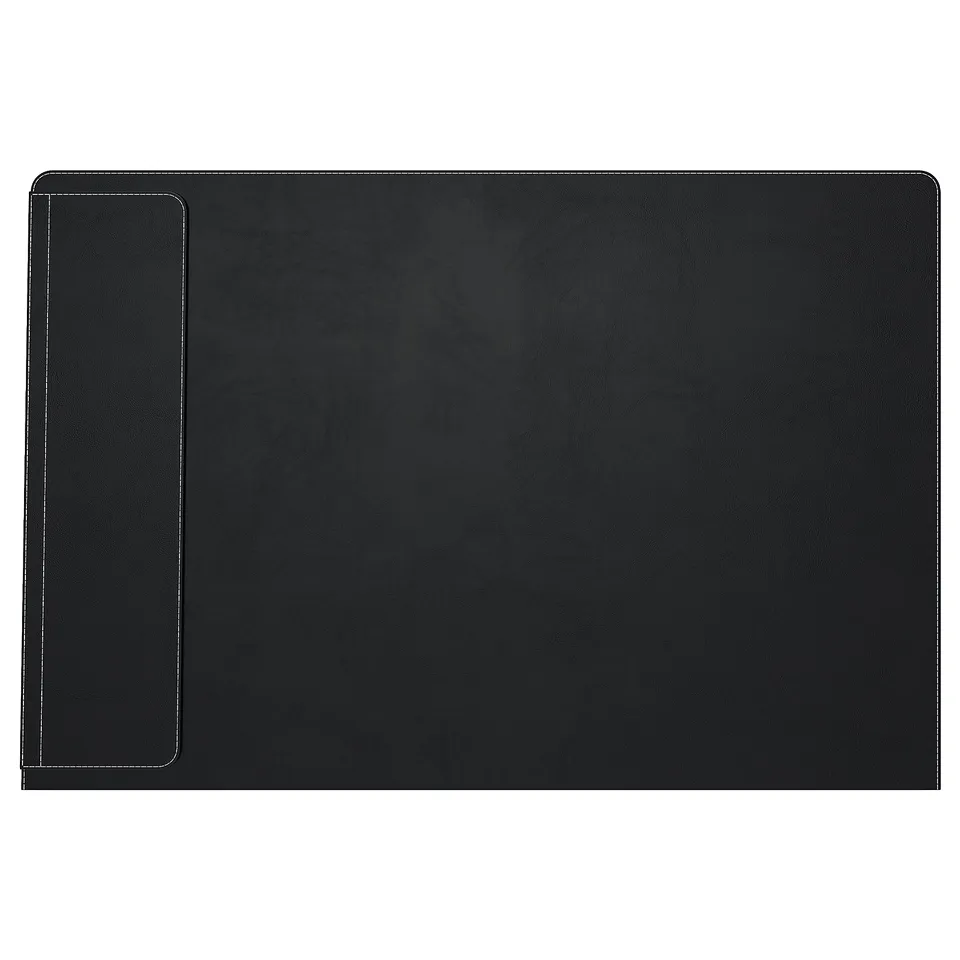 Black rectangular desk pad, smooth, elegant, freely stands with bent edge for stability, protects desks from scratches.