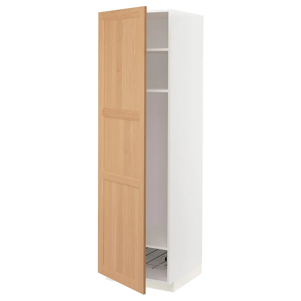 An an open light oak cabinet by IKEA. The cabinet is tall, white with light wooden doors, and has one adjustable shelf inside.