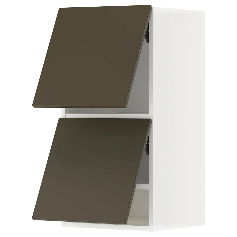 An ikea METOD wall cabinet with dark brown havstorp fronts. It has a slim, rectangular shape with two doors and a sleek, modern design.