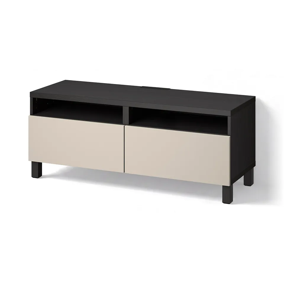 BESTÅ TV bench with drawers, black-brown/Lappviken/Stubbarp light grey/beige, 120x42x48 cm