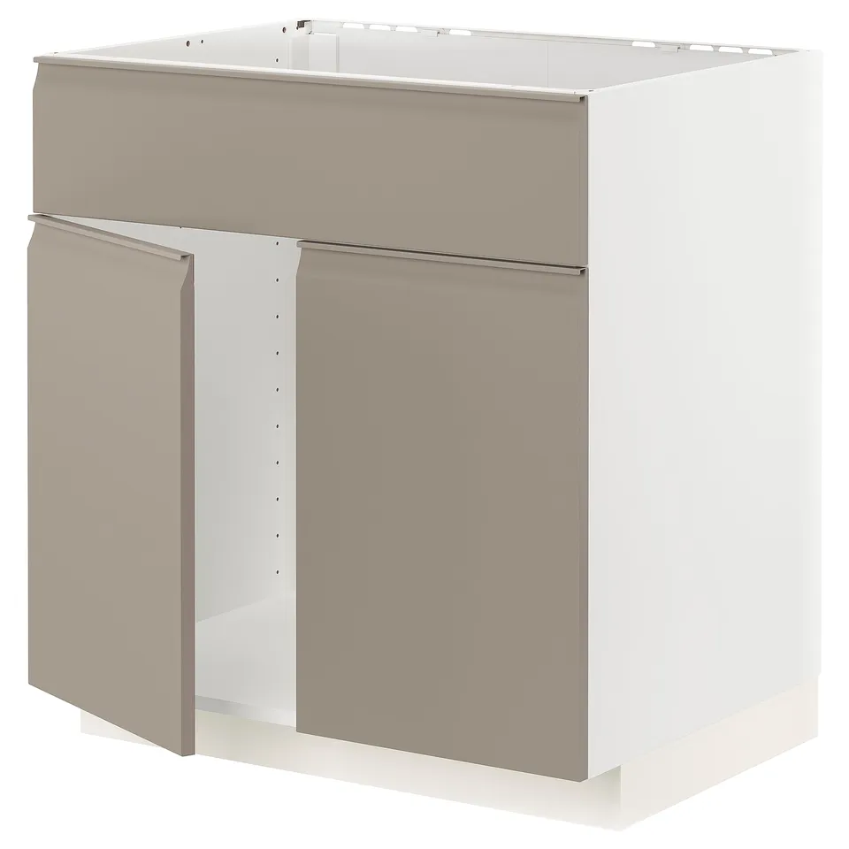 A white and grey-beige modern kitchen cabinet with a sleek design and integrated handles.