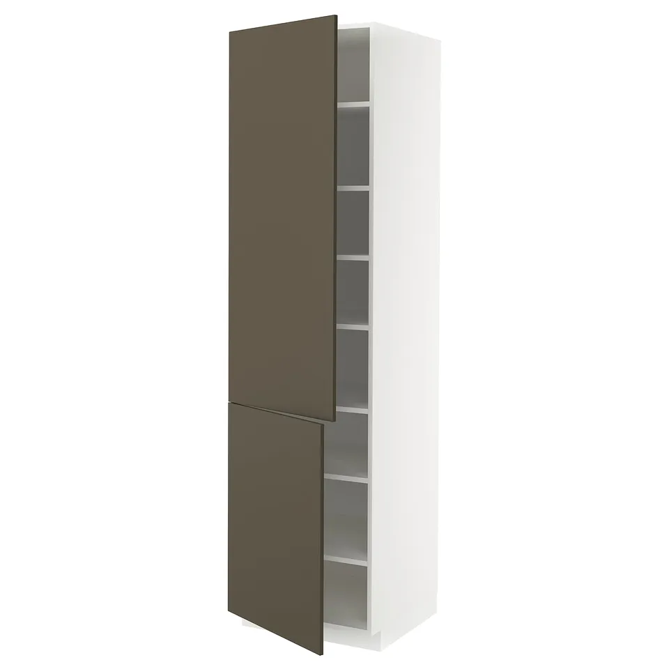 Open white kitchen cabinet with dark brown door, modern design, adjustable shelves.