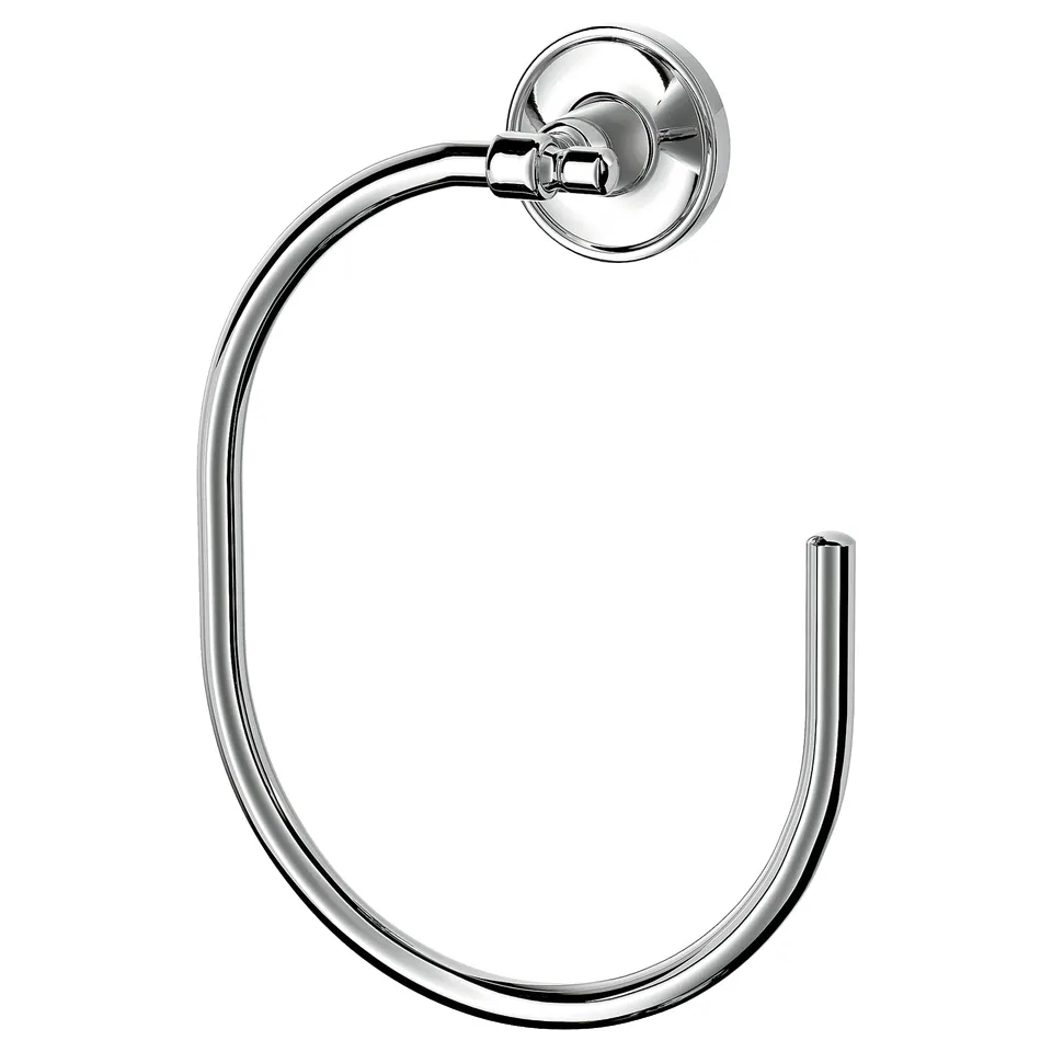 Silver chrome towel ring, round shape, wall-mounted, sleek modern design.