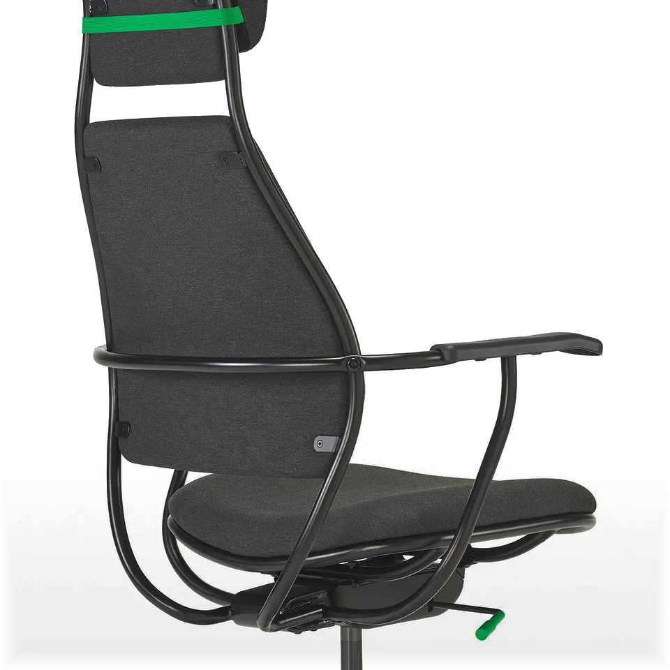Black gaming chair with green accents, featuring adjustable headrest, high back, and armrests for comfort and support.