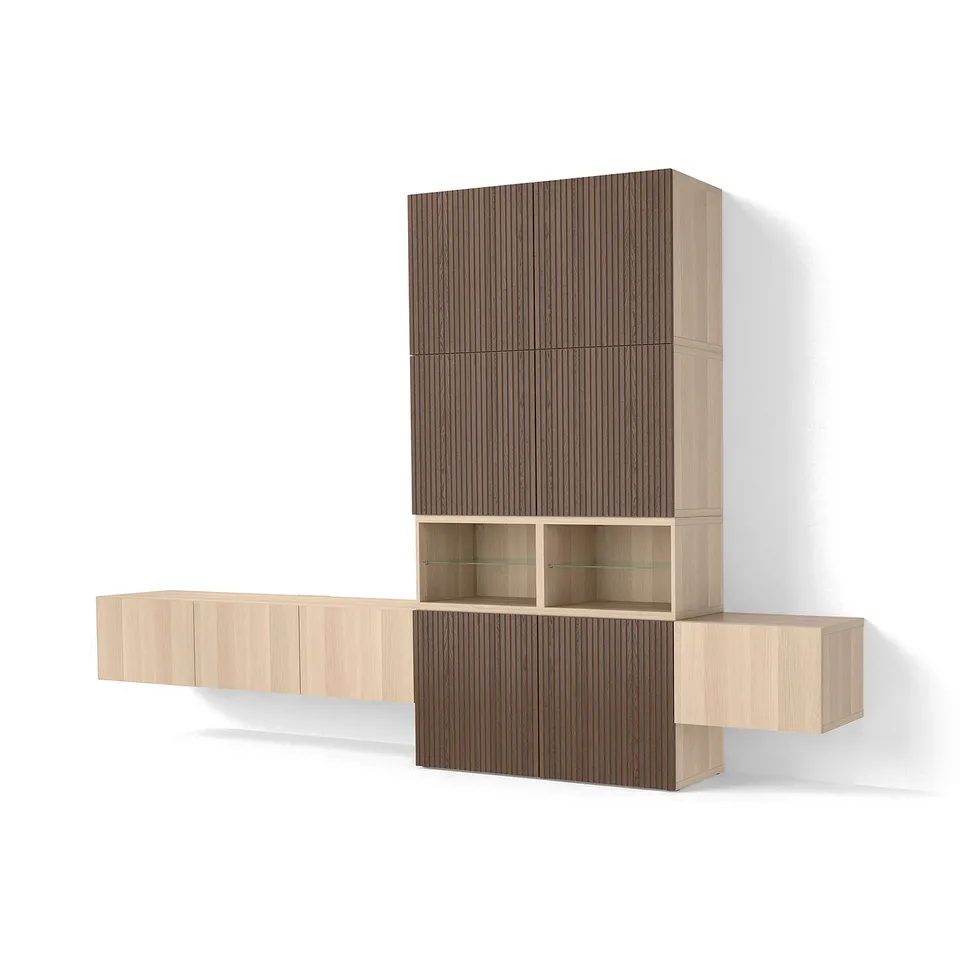 BESTÅ Media storage combination, white stained oak effect Lappviken/Björköviken brown, 360x42x231 cm