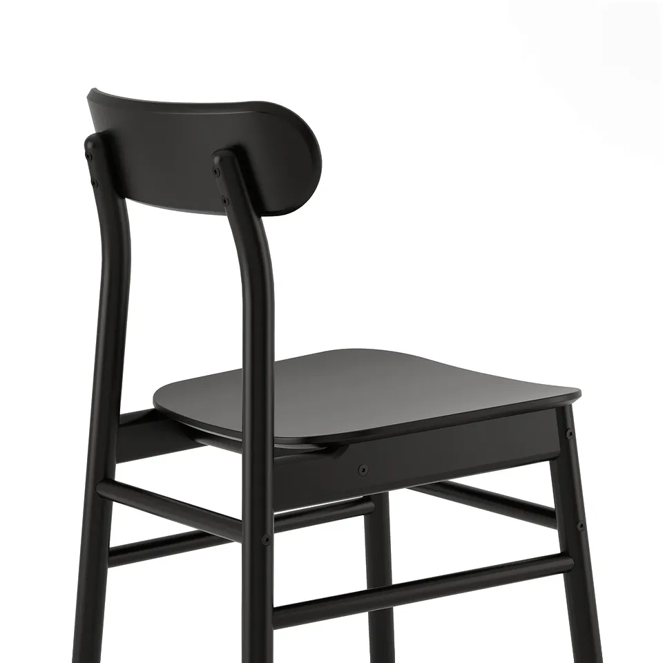 Black wooden chair with curved back and seat, strong, sturdy, minimalist design.
