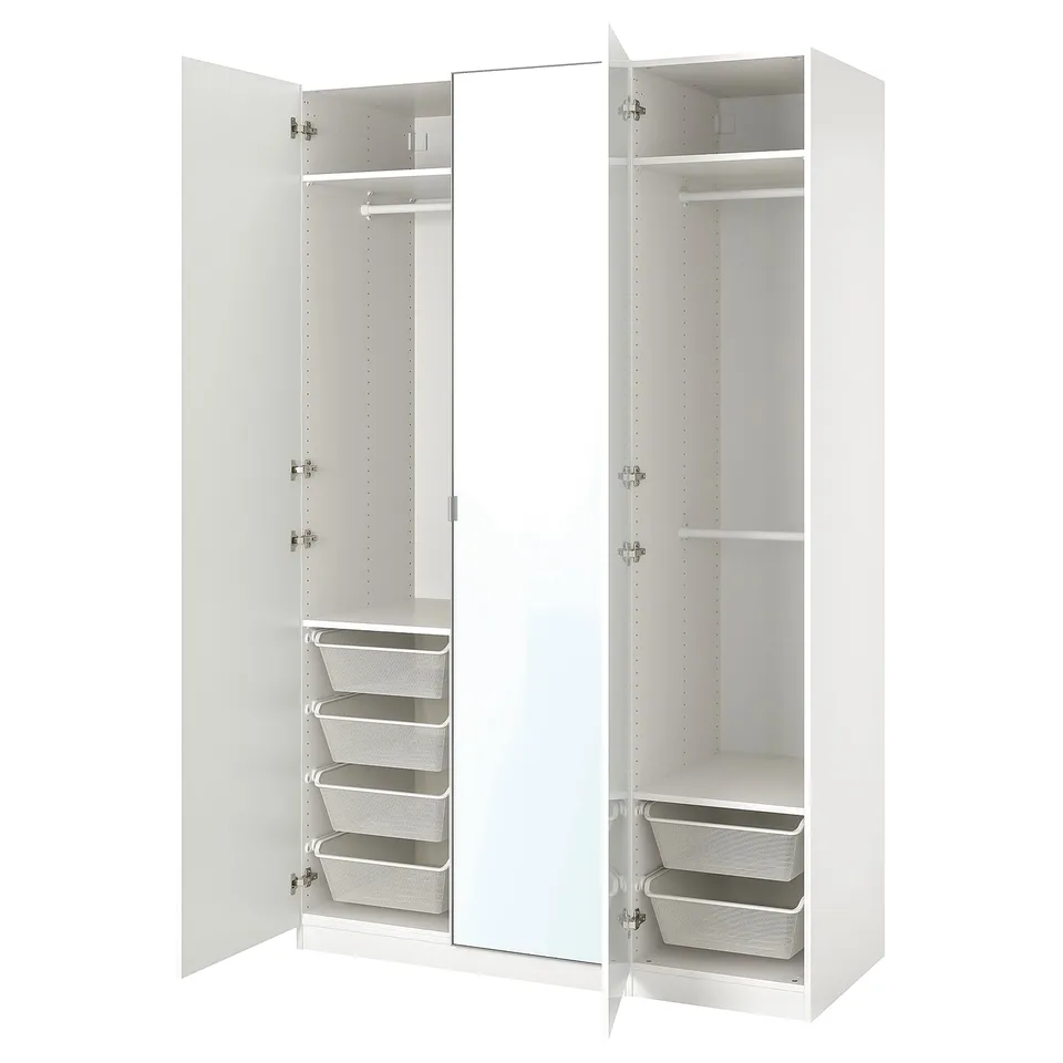 A white PAX wardrobe with mirrored doors and internal storage solutions including shelves and mesh baskets.