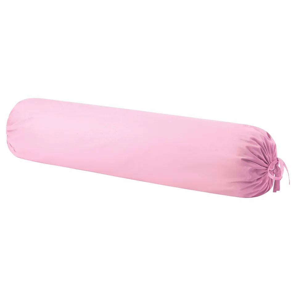 A pink DVALA cotton bolster pillow case, cylindrical in shape with a tied end design.