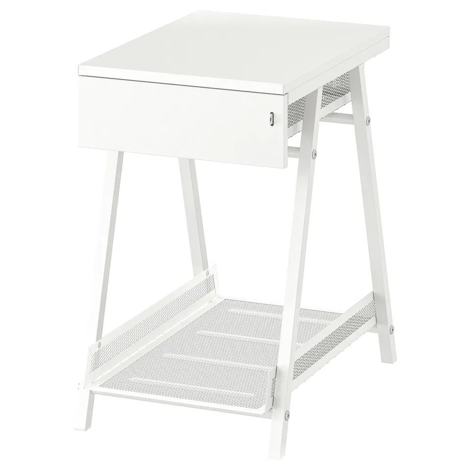 A white TROTTEN storage unit with a lockable drawer and a metal mesh shelf. It has a slim, a-shaped frame, ideal for small spaces.