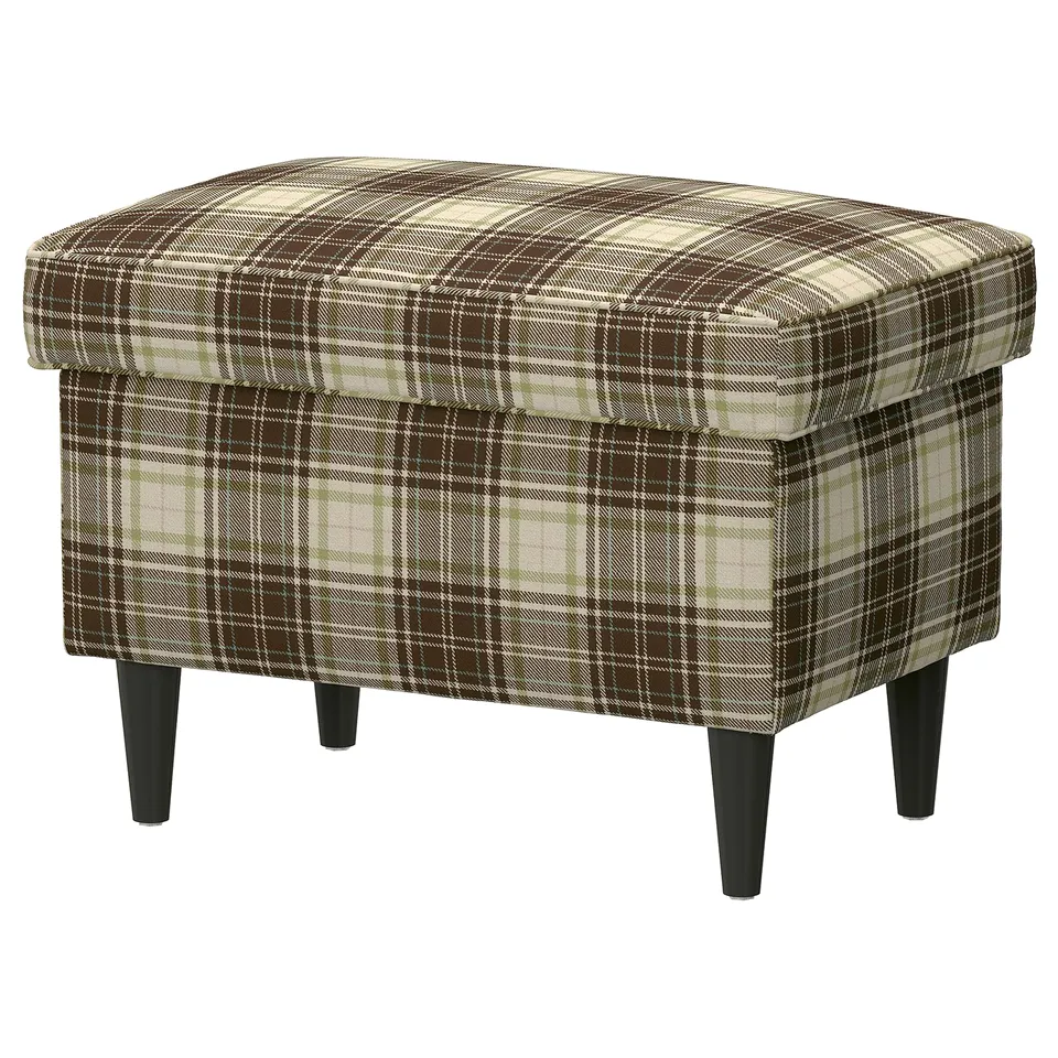 STRANDMON footstool, grey plaid,ábor wood, rectangular, multi-use storage seat.
