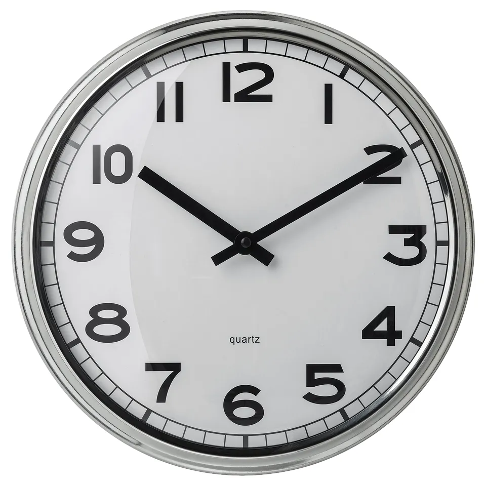 PUGG: silent, white clock with black numbers, hands. Round shape, shiny frame, clear face. No tick-tock noise, quartz movement.