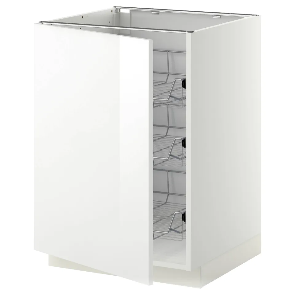 A white METOD kitchen cabinet with three wire shelves. The cabinet is open and has a modern, sleek design.