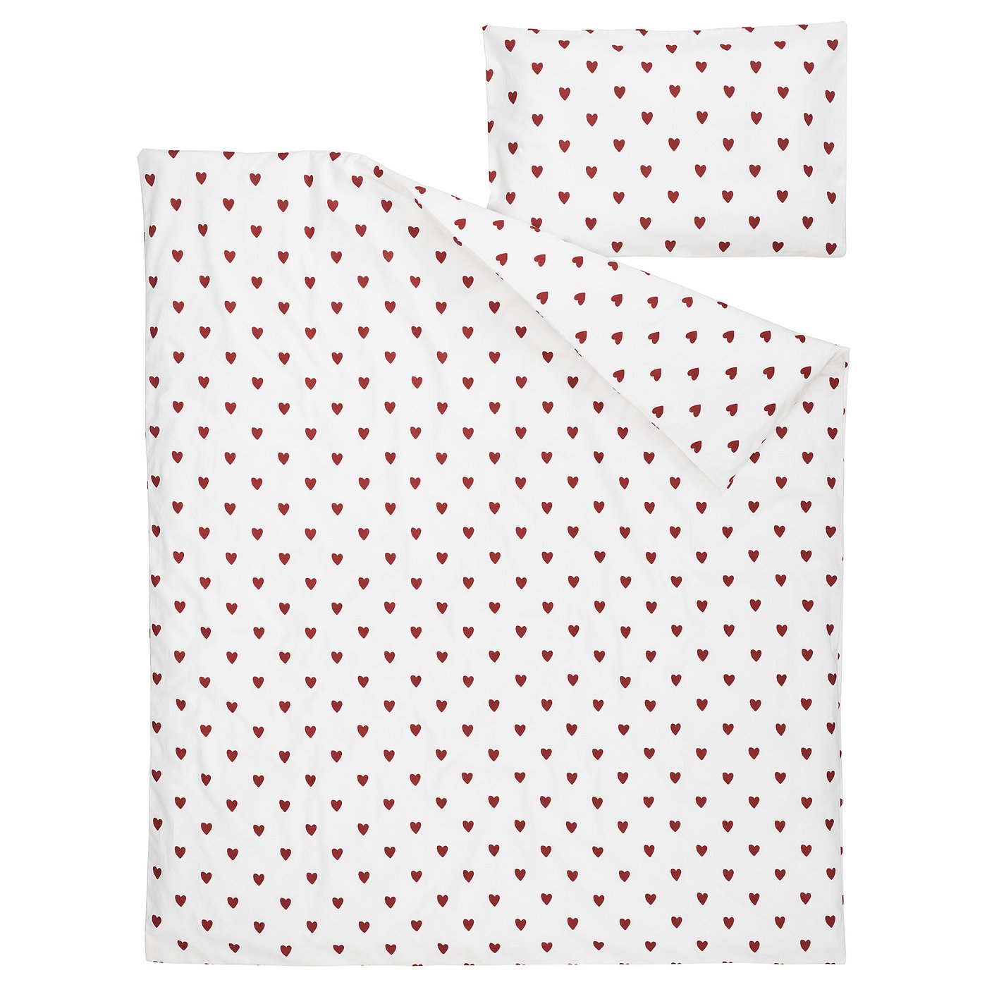 White duvet & pillow with red hearts, cotton, soft, zip closure.