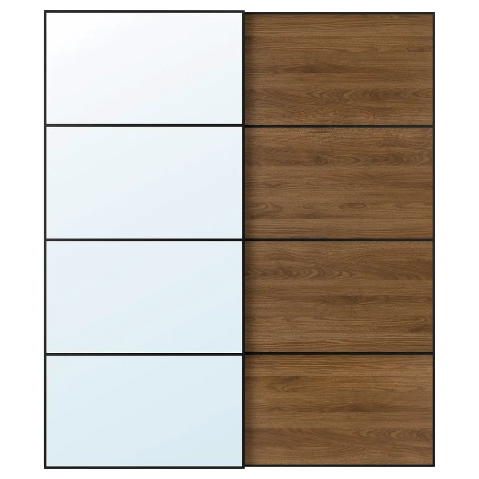 AULI / MEHAMN Pair of sliding doors, black mirror glass/double sided walnut, 200x236 cm