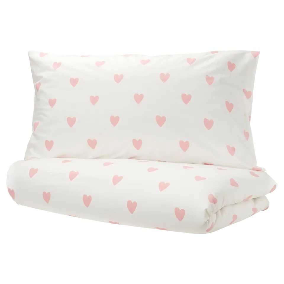 BARNDRÖM Duvet cover and pillowcase, heart pattern white/pink, 150x200/50x80 cm