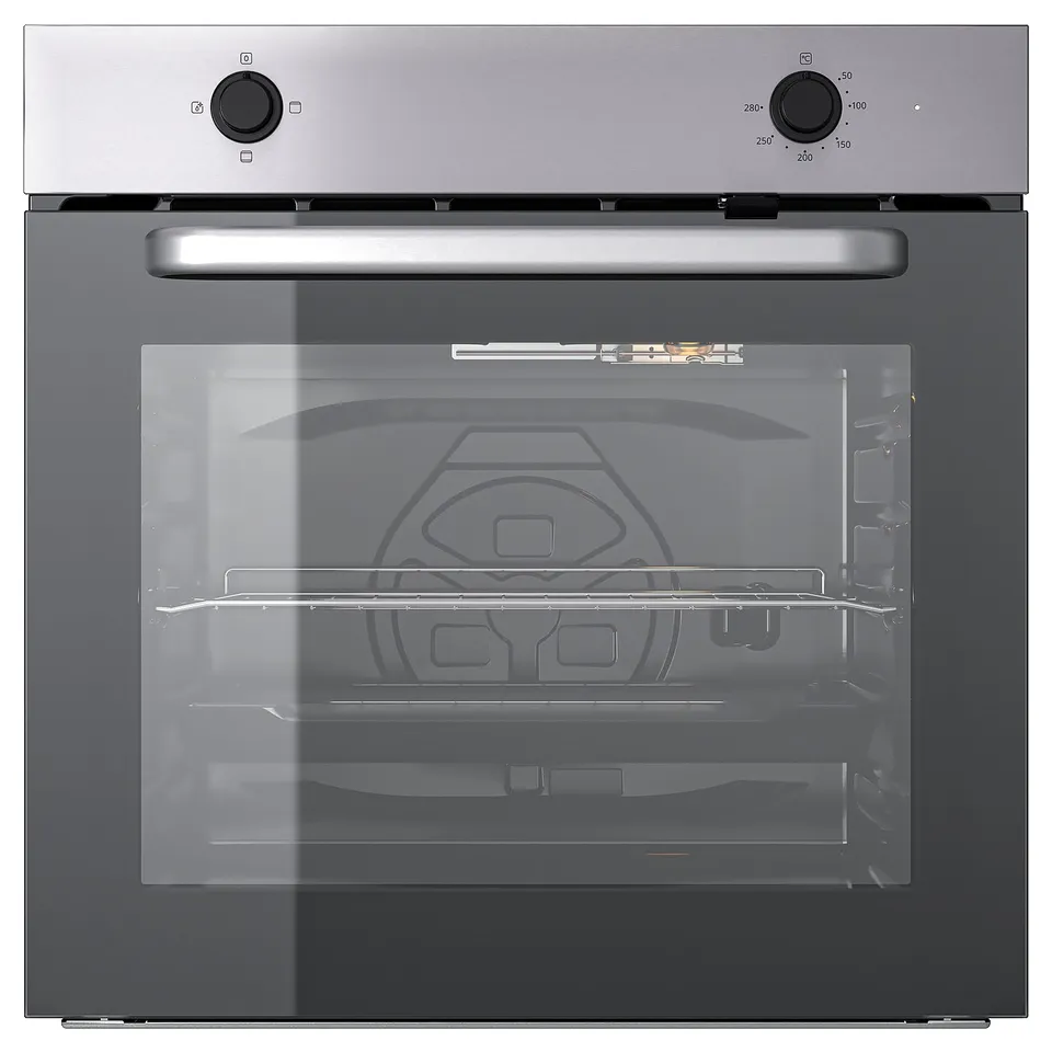 LAGAN oven, silver, square, modern, glass door, two knobs.